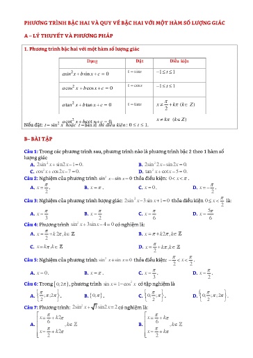 Chuyên đề Bài tập phương trình bậc hai và quy về bậc hai với một hàm số lượng giác - Đại số 11