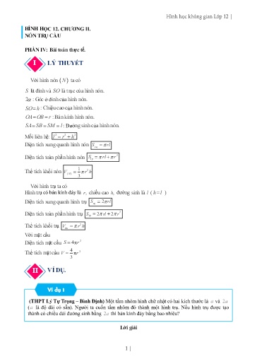 Chuyên đề Bài toán thực tế nón trụ cầu - Hình học 12