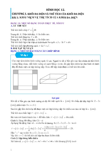 Chuyên đề Một số dạng bài toán thực tế, tối ưu liên quan tới thể tích - Hình học 12