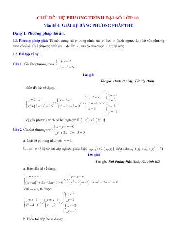 Chuyên đề Phương pháp giải hệ phương trình bằng phương pháp thế - Đại số 10
