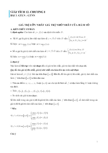 Chuyên đề Tìm giá trị lớn nhất và giá trị nhỏ nhất của hàm số - Đại số 12