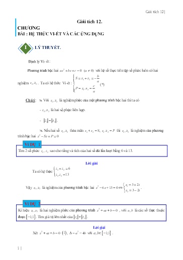 Chuyên đề Ứng dụng hệ thức Viet giải bài toán về số phức - Đại số 12