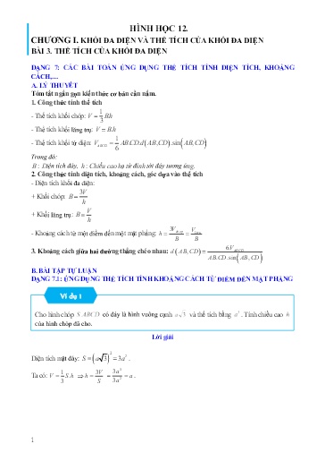 Chuyên đề Ứng dụng thể tích tính khoảng cách diện tích - Hình học 12