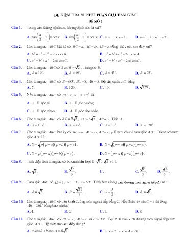 Đề kiểm tra Chuyên đề Giải tam giác - Hình học 11