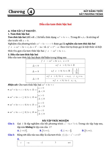 Ôn tập Chuyên đề Toán Đại 10 - Chương 4, Bài 3: Dấu của tam thức bậc hai