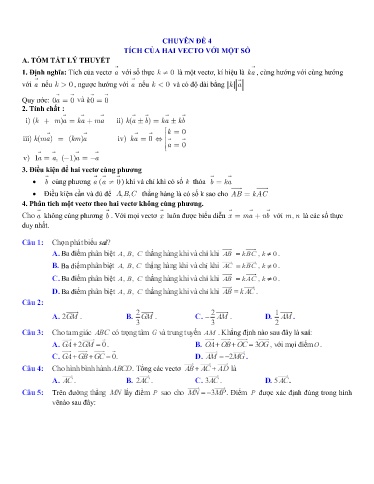 Ôn tập Chuyên đề Toán Hình 10 - Chương 1 Bài 4: Tích của hai vector với một số