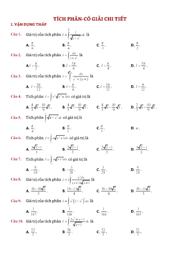 Chuyên đề Bài tập tích phân (Vận dụng thấp) - Đại số 12