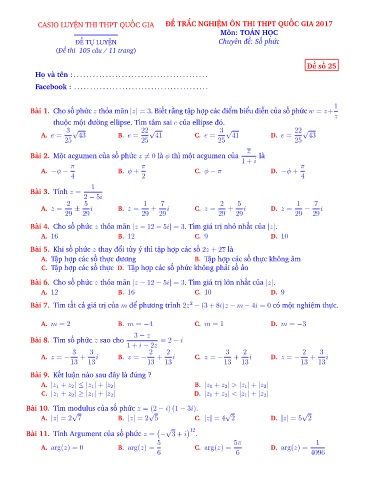 4 đề trắc nghiệm Chuyên đề số phức – Toán Lớp 12