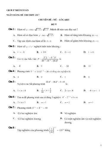 600 câu hỏi trắc nghiệm Chuyên đề hàm số Mũ và Logarit luyện thi THPT quốc gia