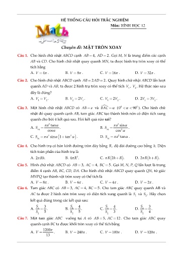 65 câu trắc nghiệm Chuyên đề mặt tròn xoay – Hình học 12