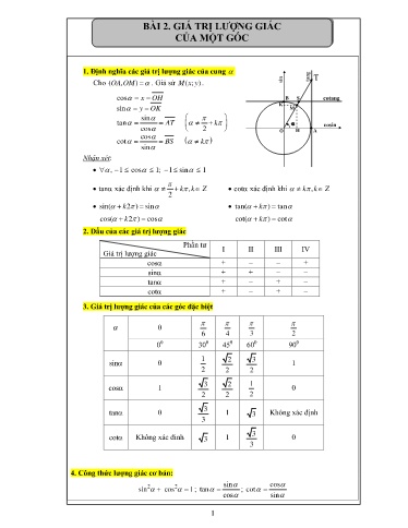 Chuyên đề Giá trị lượng giác của một góc Hình học Lớp 10