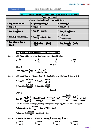 Chuyên đề Ôn thi THPTQG - Chuyên đề 17: Công thức, biến đổi logarit (Mức 7-8 điểm)