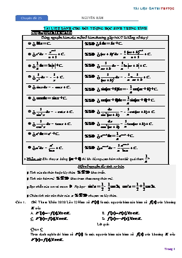 Chuyên đề Ôn thi THPTQG - Chuyên đề 25: Nguyên hàm (Mức 5-6 điểm)