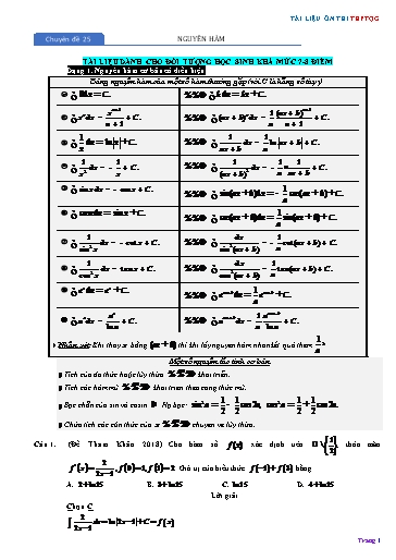 Chuyên đề Ôn thi THPTQG - Chuyên đề 25: Nguyên hàm (Mức 7-8 điểm)