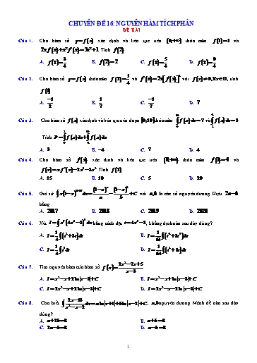 Chuyên đề Ôn thi TN THPT - Chuyên đề 16: Nguyên hàm tích phân Chuyên đề Ôn thi TN THPT - Chuyên đề 16: Nguyên hàm tích phân