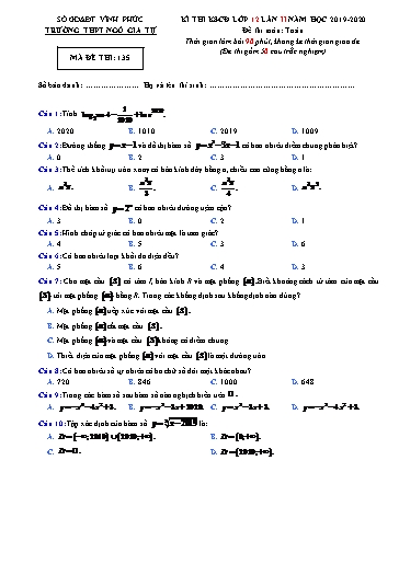 Đề thi Chuyên đề Toán 12 lần 2 năm 2019 – 2020 Trường THPT Ngô Gia Tự (Mã đề 135)