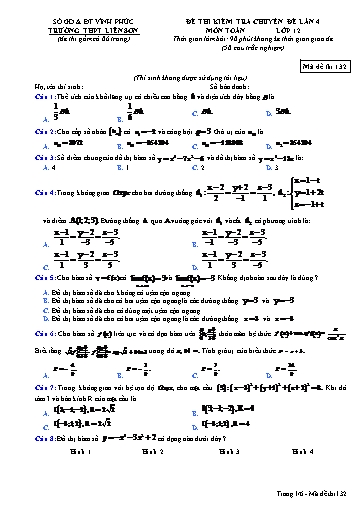 Đề thi Chuyên đề Toán 12 lần 4 năm 2019 – 2020 Trường THPT Ngô Gia Tự (Mã đề 132)