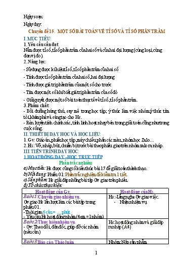 Giáo án Chuyên đề dạy thêm - Chủ đề 15: Một số bài toán về tỉ số và tỉ số phần trăm - Toán 6 Sách Cánh diều