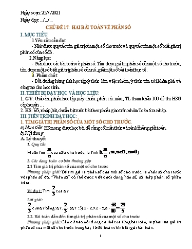 Giáo án Chuyên đề dạy thêm - Chủ đề 17: Hai bài toán về phân số - Toán 6 Sách Cánh diều