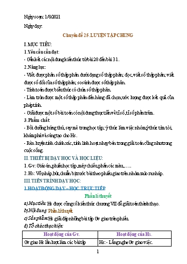 Giáo án Chuyên đề dạy thêm - Chủ đề 25: Luyện tập về số thập phân, tỉ số phần trăm - Toán 6 Sách Cánh diều