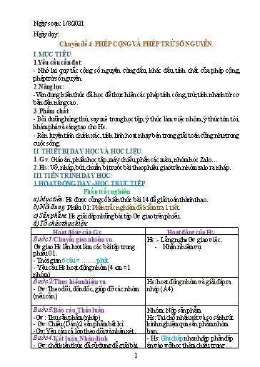 Giáo án Chuyên đề dạy thêm - Chủ đề 4: Phép cộng và phép trừ số nguyên - Toán 6 Sách Cánh diều