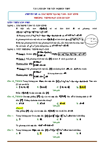 Tài liệu ôn thi tốt nghiệp THPT - Chuyên đề 10: Xác định tọa độ tâm-bán kính, phương trình mặt cầu cơ bản