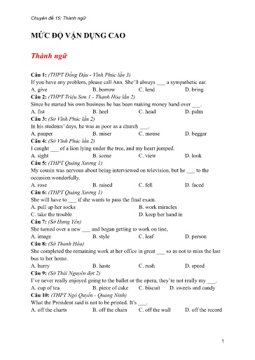 Bộ 24 Chuyên đề Bài tập ôn thi THPT môn tiếng Anh - Chuyên đề 15: Thành ngữ (Mức độ vận dụng)