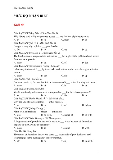 Bộ 24 Chuyên đề Bài tập ôn thi THPT môn tiếng Anh - Chuyên đề 5: Giới từ (Mức độ nhận biết)