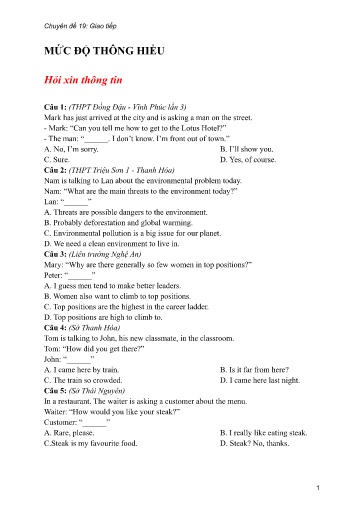 Bộ 24 Chuyên đề Bài tập ôn thi THPT môn tiếng Anh - Chuyên đề 19: Giao tiếp (Mức độ thông hiểu)