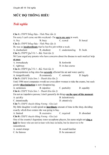 Bộ 24 Chuyên đề Bài tập ôn thi THPT môn tiếng Anh - Chuyên đề 18: Trái nghĩa (Mức độ thông hiểu)