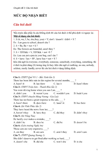 Bộ 24 Chuyên đề Bài tập ôn thi THPT môn tiếng Anh - Chuyên đề 3: Câu hỏi đuôi (Mức độ nhận biết)