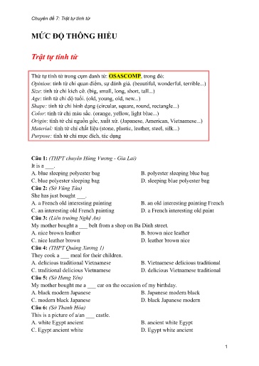 Bộ 24 Chuyên đề Bài tập ôn thi THPT môn tiếng Anh - Chuyên đề 7: Trật tự tính từ (Mức độ thông hiểu)