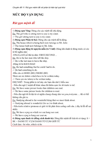 Bộ 24 Chuyên đề Bài tập ôn thi THPT môn tiếng Anh - Chuyên đề 11: Rút gọn mệnh đề với phân từ hiện tại, quá khứ (Mức độ vận dụng)