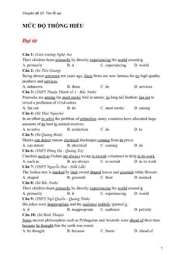Bộ 24 Chuyên đề Bài tập ôn thi THPT môn tiếng Anh - Chuyên đề 22: Tìm lỗi sai (Mức độ thông hiểu)