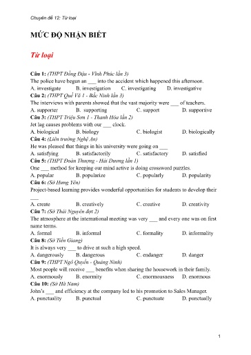 Bộ 24 Chuyên đề Bài tập ôn thi THPT môn tiếng Anh - Chuyên đề 12: Từ loại (Mức độ nhận biết)