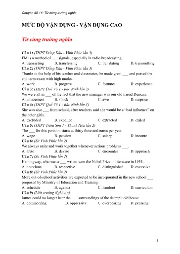 Bộ 24 Chuyên đề Bài tập ôn thi THPT môn tiếng Anh - Chuyên đề 14: Từ cùng trường nghĩa (Mức độ vận dụng)