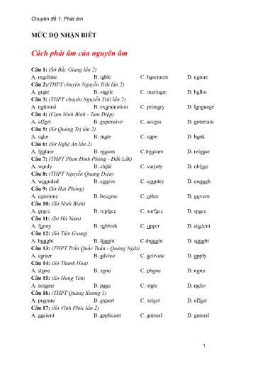 Bộ 24 Chuyên đề Bài tập ôn thi THPT môn tiếng Anh - Chuyên đề 1: Phát âm (Mức độ nhận biết)