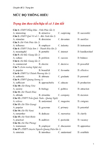 Bộ 24 Chuyên đề Bài tập ôn thi THPT môn tiếng Anh - Chuyên đề 2: Trọng âm (Mức độ thông hiểu)