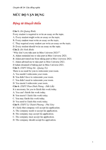 Bộ 24 Chuyên đề Bài tập ôn thi THPT môn tiếng Anh - Chuyên đề 23: Câu đồng nghĩa (Mức độ vận dụng)