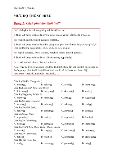 Bộ 24 Chuyên đề Bài tập ôn thi THPT môn tiếng Anh - Chuyên đề 1: Phát âm (Mức độ thông hiểu)