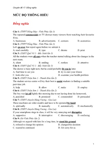 Bộ 24 Chuyên đề Bài tập ôn thi THPT môn tiếng Anh - Chuyên đề 17: Đồng nghĩa (Mức độ thông hiểu)