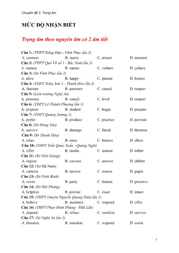 Bộ 24 Chuyên đề Bài tập ôn thi THPT môn tiếng Anh - Chuyên đề 2: Trọng âm (Mức độ nhận biết)