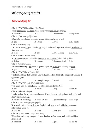 Bộ 24 Chuyên đề Bài tập ôn thi THPT môn tiếng Anh - Chuyên đề 22: Tìm lỗi sai (Mức độ nhận biết)