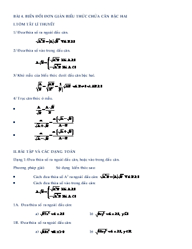 Chuyên đề học tập - Chương 1, Chủ đề 4: Biến đổi đơn giản biểu thức chứa căn bậc hai - Đại số 9