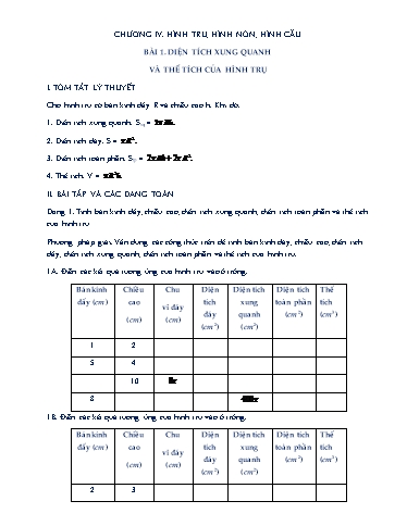 Chuyên đề học tập - Chương 4, Chủ đề 1: Diện tích xung quanh và thể tích của hình trụ - Hình học 9