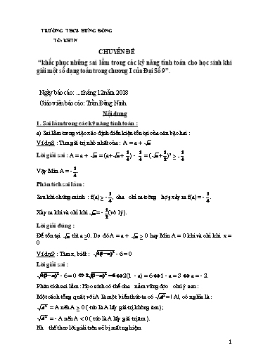 Chuyên đề Khắc phục những sai lầm trong các kỹ năng tính toán cho học sinh khi giải một số dạng toán trong chương I của Đại Số 9