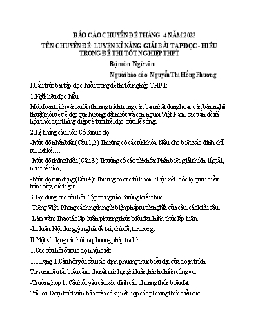Chuyên đề Luyện kĩ năng giải bài tập đọc-hiểu trong đề thi tốt nghiệp THPT