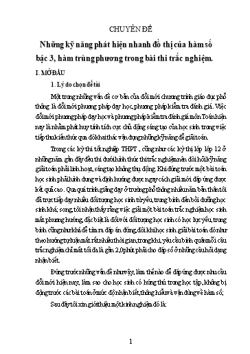 Chuyên đề Những kỹ năng phát hiện nhanh đồ thị của hàm số bậc 3, hàm trùng phương trong bài thi trắc nghiệm