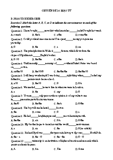 Chuyên đề ôn ngữ pháp vào 10 - Chuyên đề 14: Mạo từ Chuyên đề ôn ngữ pháp vào 10 - Chuyên đề 14: Mạo từ