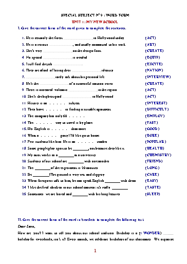 Chuyên đề Ôn tập học sinh giỏi tiếng Anh 6 - Chuyên đề 4: Word form